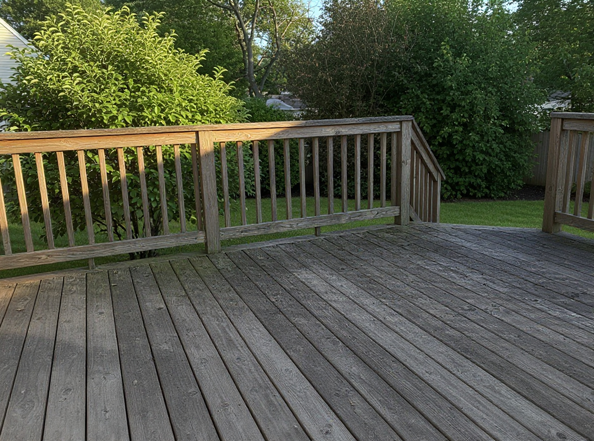 A weathered wooden deck before cleaning, gray and grimy