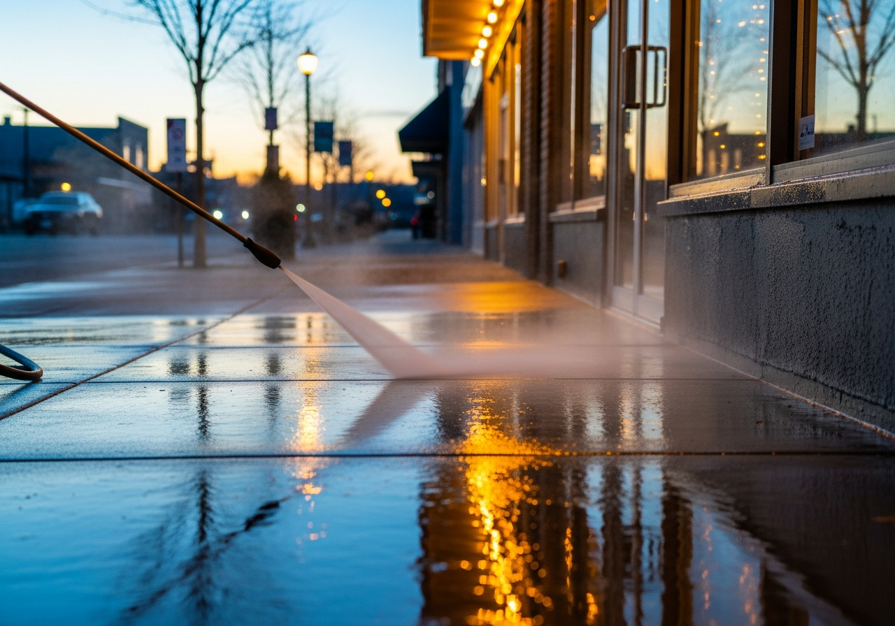Commercial storefront sidewalk being pressure washed at dawn