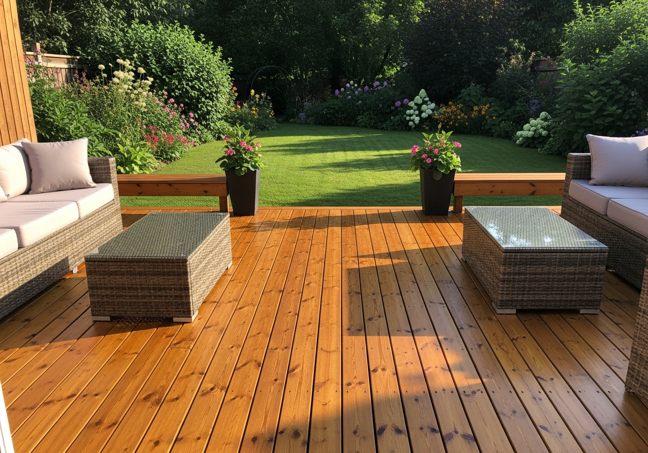 Freshly restored wooden deck with warm grain visible