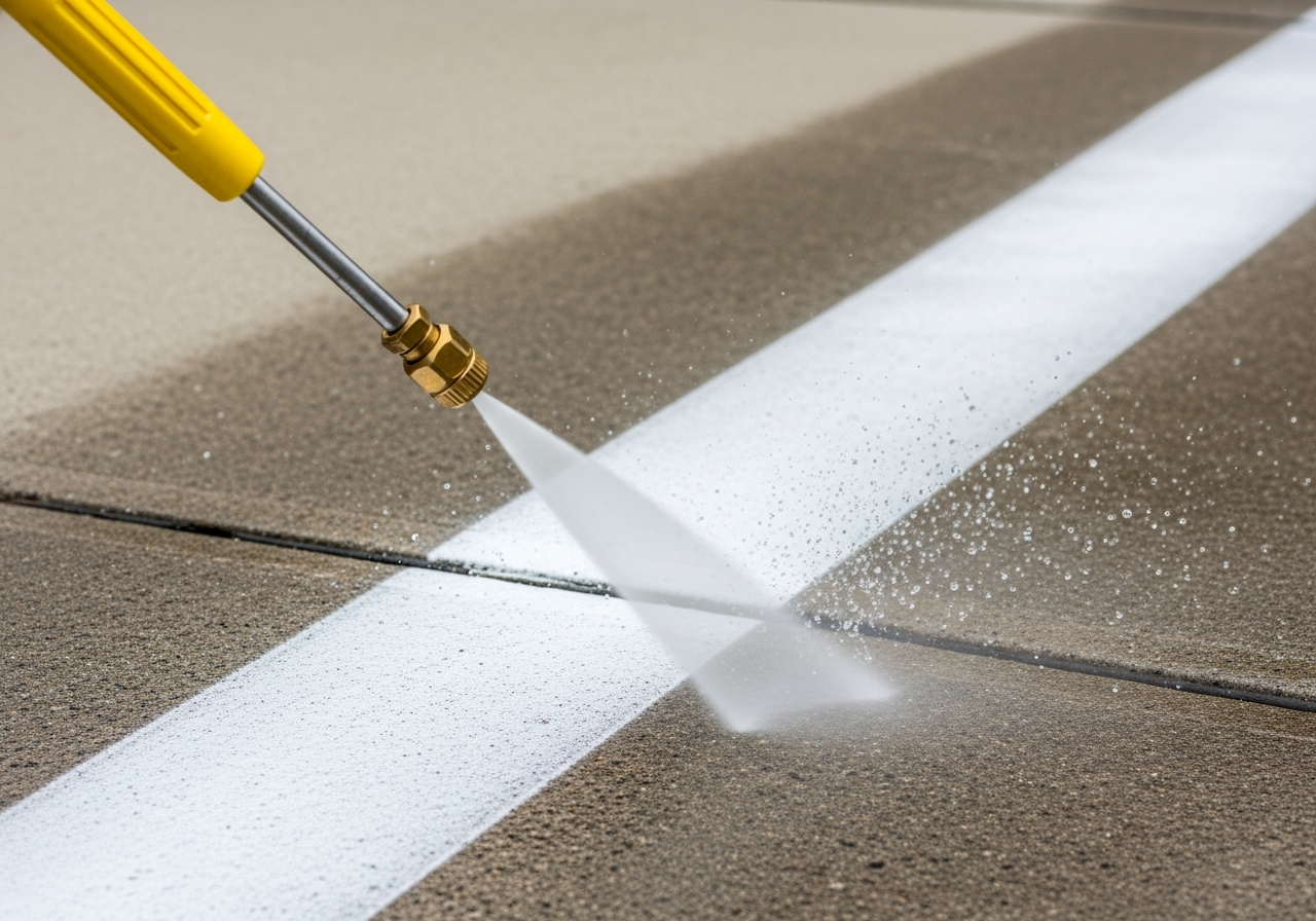 Pressure washer cleaning a concrete driveway with a bright clean stripe