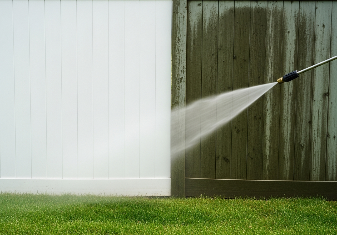 A white vinyl fence half cleaned showing a dramatic clean stripe