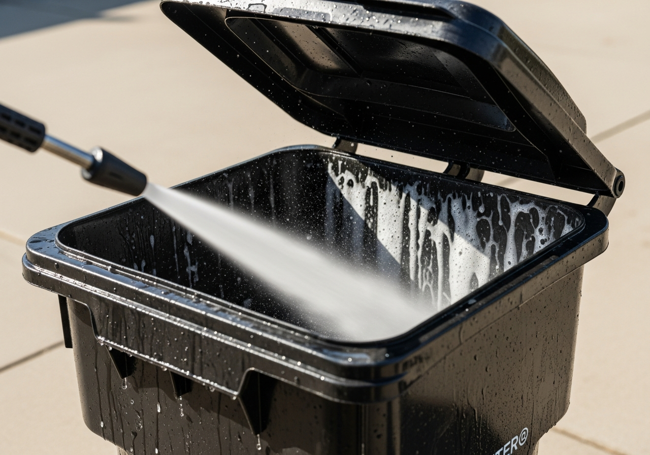 A residential trash can being deep-cleaned with a pressure washer